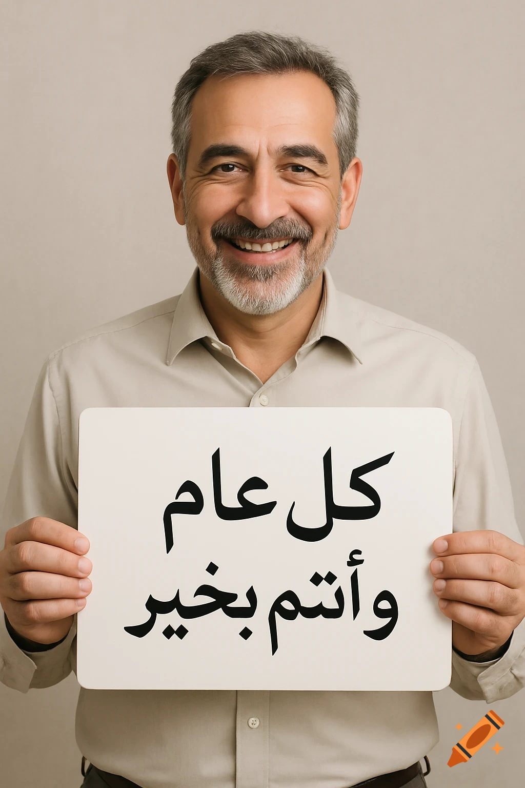 Smiling middle-aged man holding a sign with Arabic text.