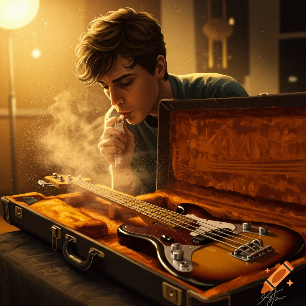 Person blowing dust off a bass guitar in its case, warm lighting, illustration style
