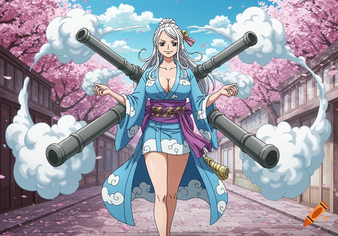 Anime character in blue kimono with cannons and cherry blossoms