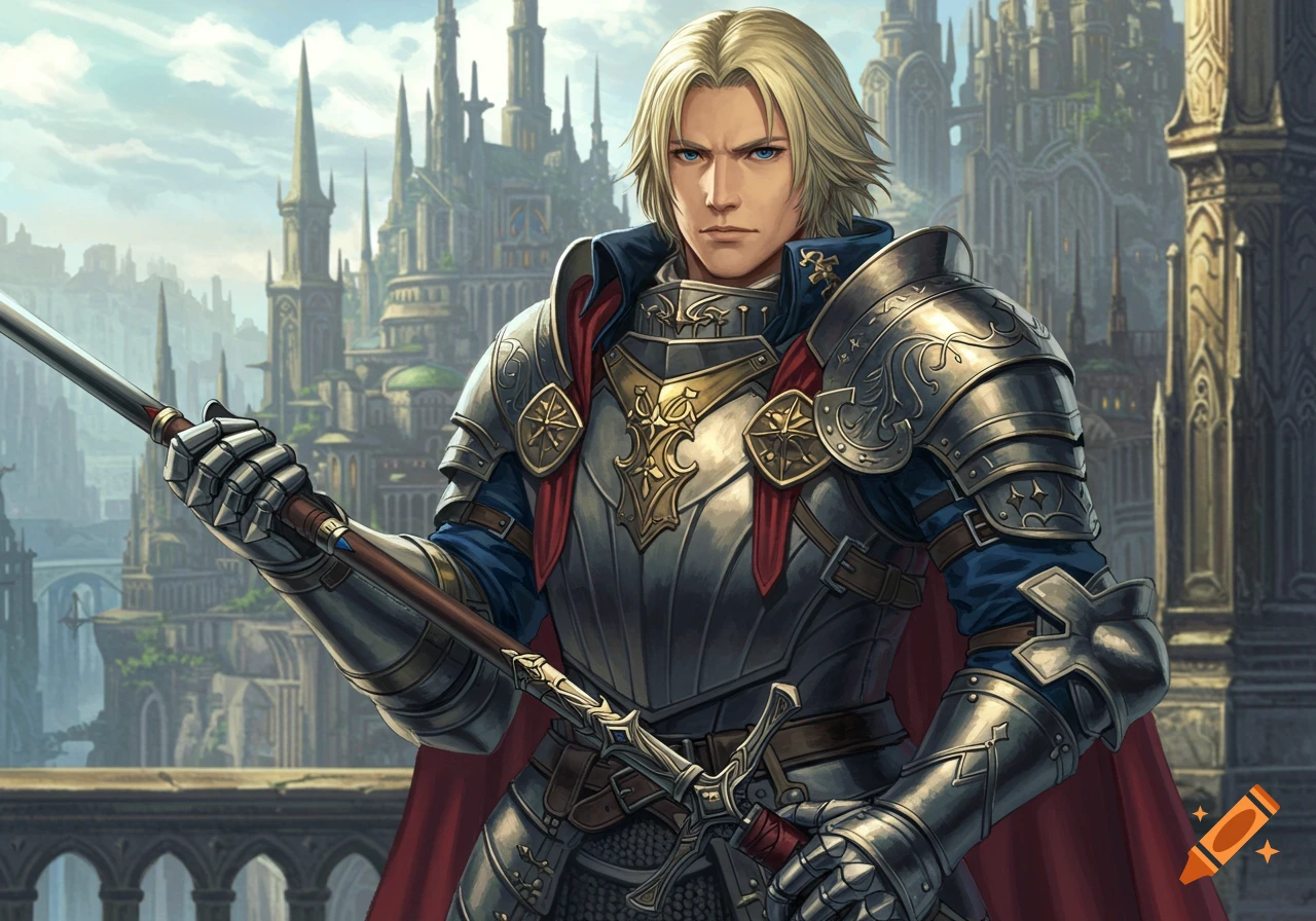 A man in intricate fantasy armor holds a sword in front of a castle.