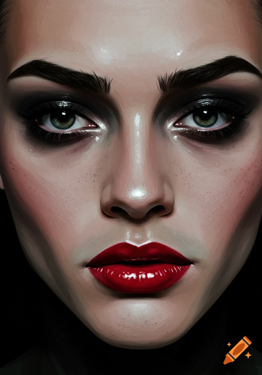 Close-up digital painting of a woman's face with heavy dark eye makeup and bright red lipstick.