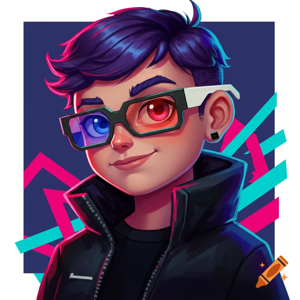 Illustration of a cartoon avatar with purple hair, 3D glasses, and black clothes.