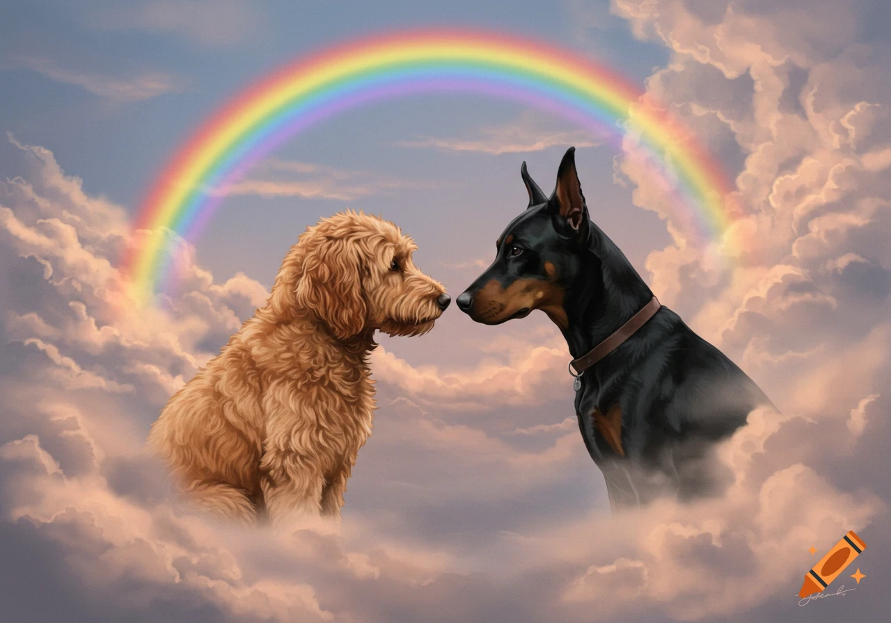 A Goldendoodle and a Doberman face each other in the clouds under a rainbow.