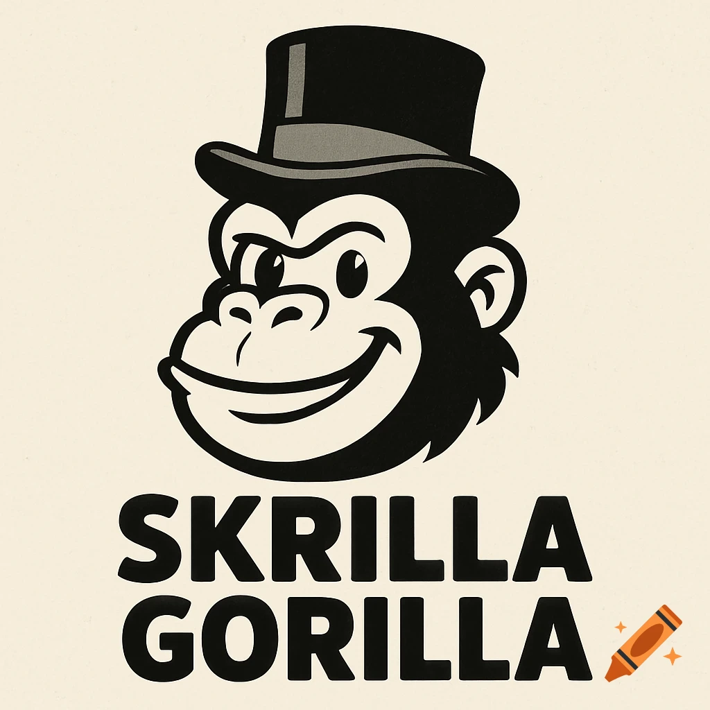A black and white cartoon logo of a gorilla wearing a top hat, with the text SKRILLA GORILLA below.
