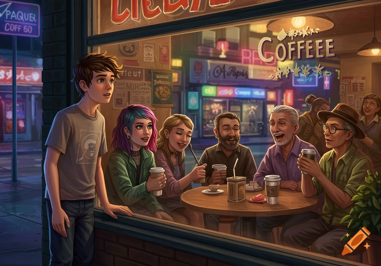 Illustration of a teenage boy looking into a coffee shop window at people chatting and laughing.