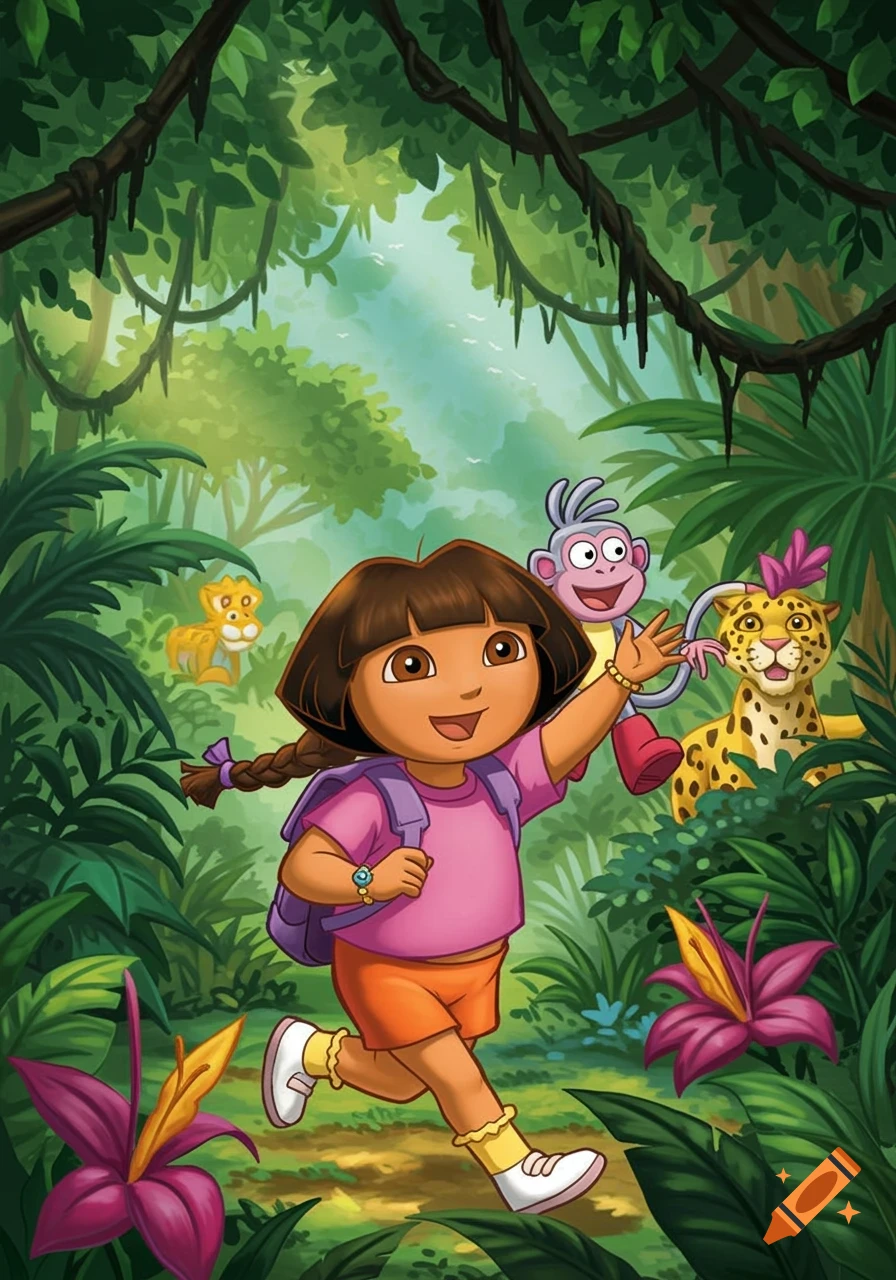 Dora the Explorer, Boots, and friends explore a jungle.