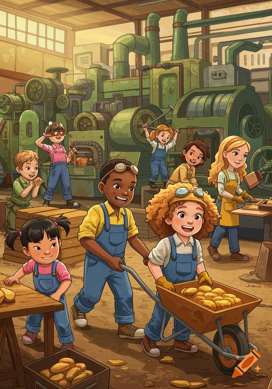 Diverse group of children working enthusiastically in a factory setting, illustration style.