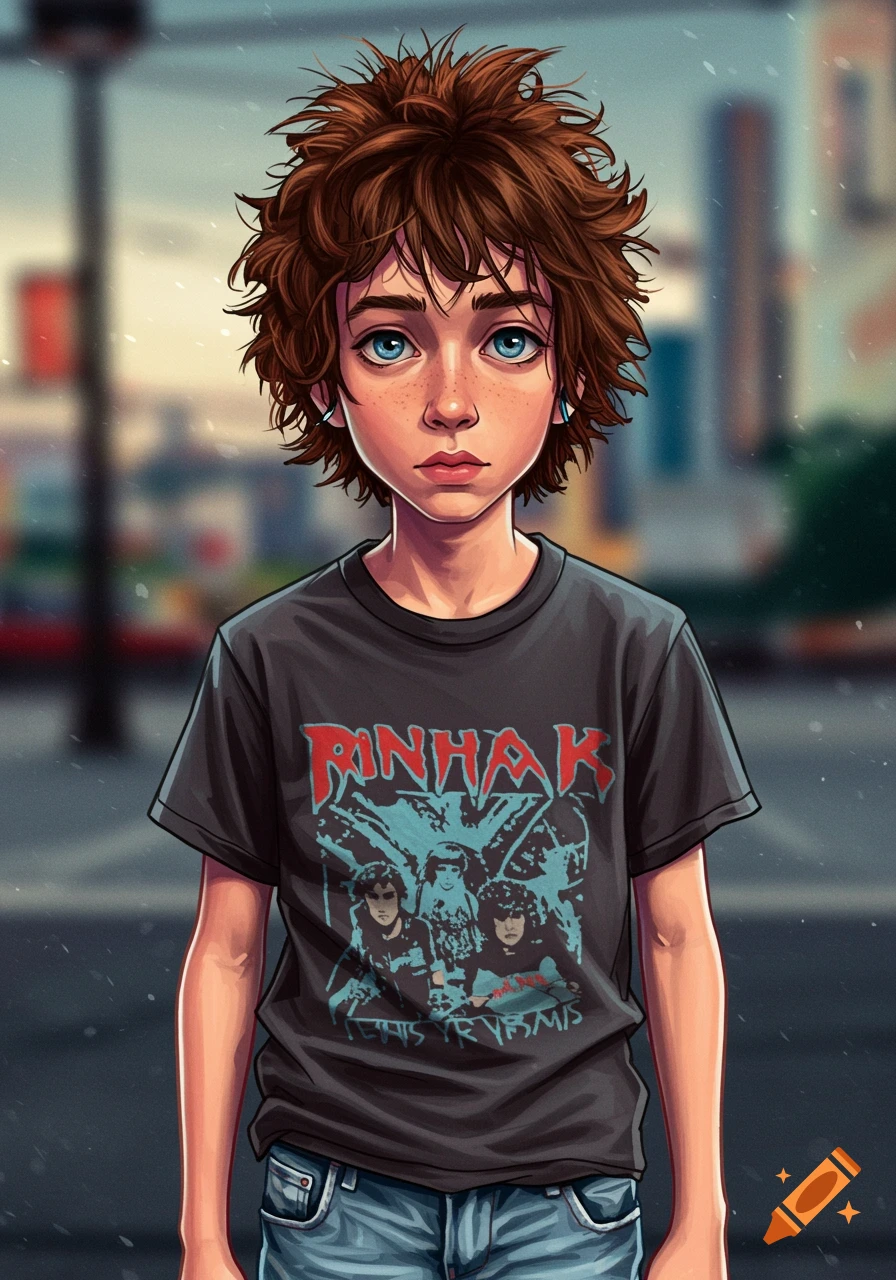 Stylized illustration of a young boy with messy brown hair and blue eyes, wearing a dark t-shirt with a graphic design.