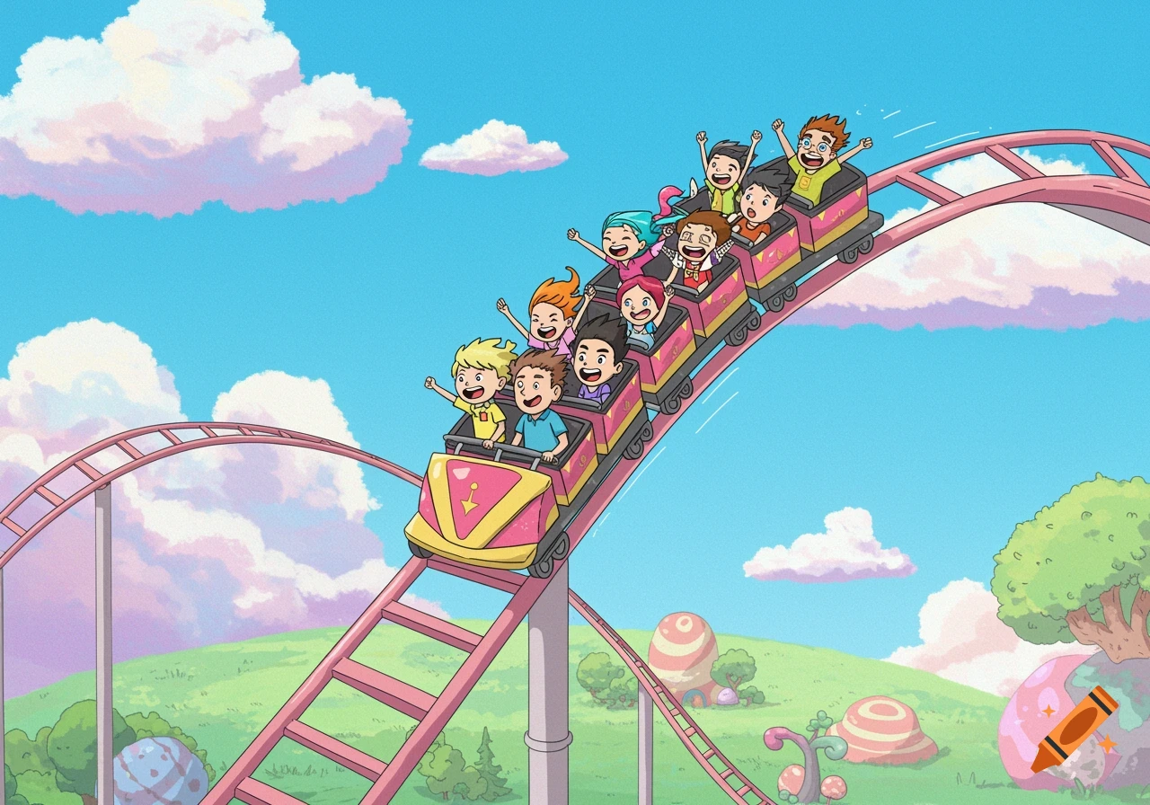 Cartoon illustration of children riding a roller coaster.