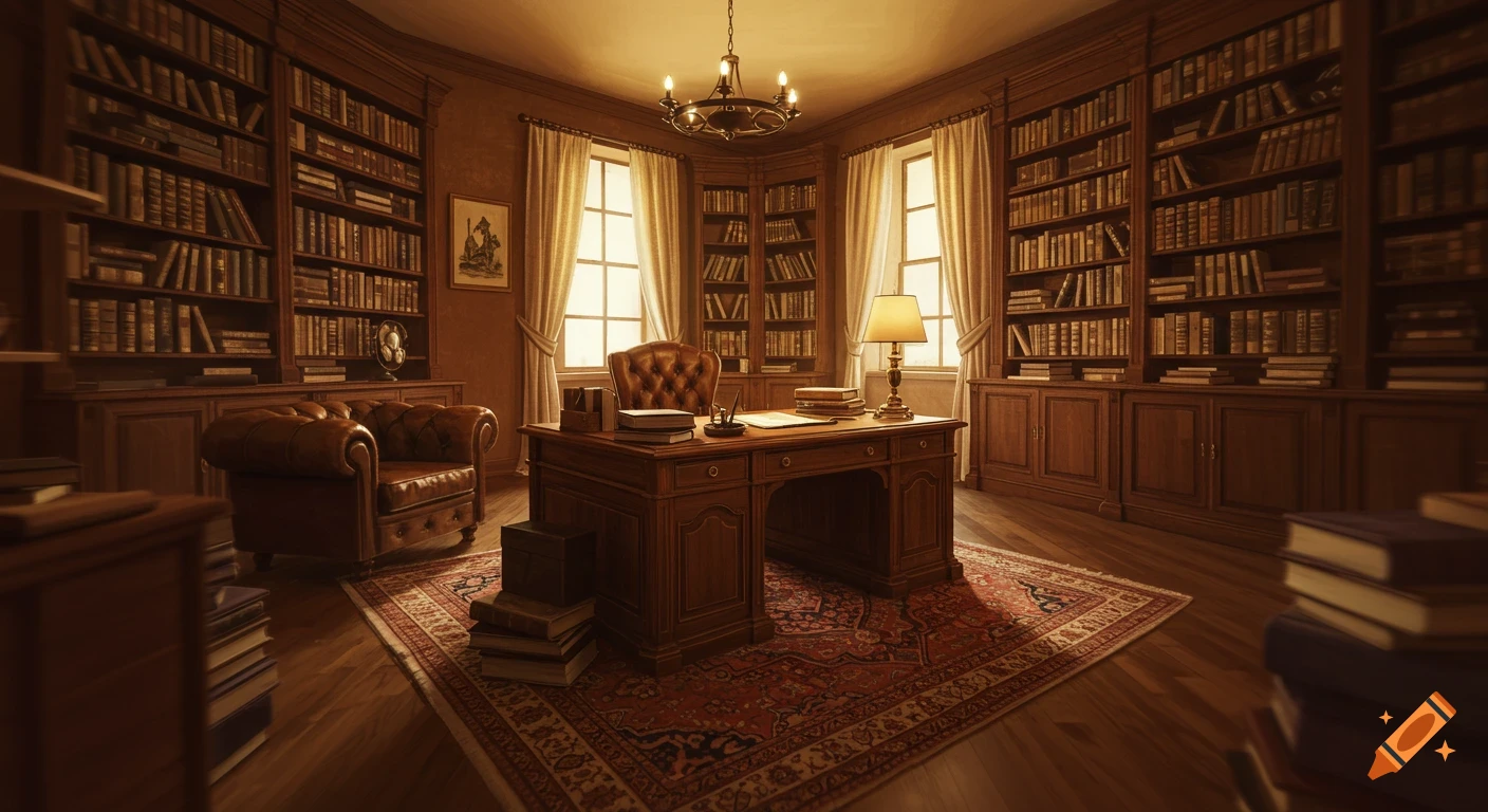 A cozy old office with a large library and mahogany furniture.