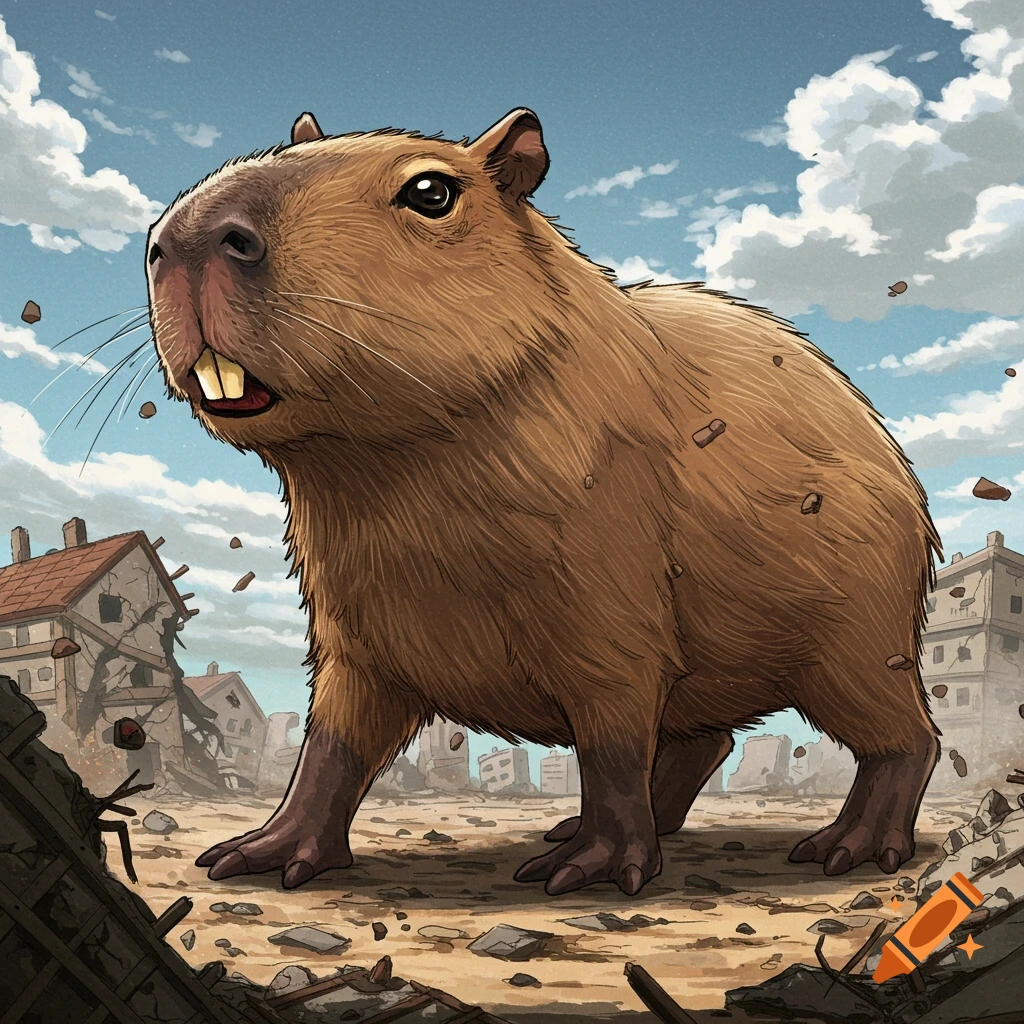Anime style illustration of a giant capybara standing in a destroyed city
