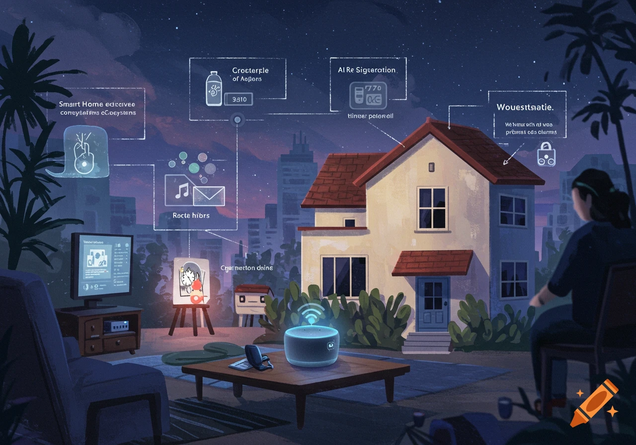 Illustration of a smart home scene with a person, AI assistant, technology overlays, and a house under a starry sky.