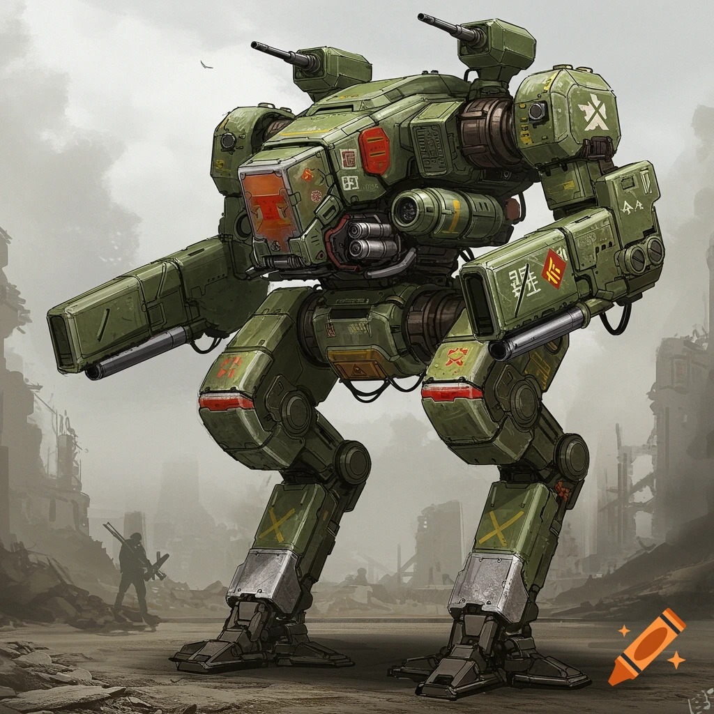 A green bipedal mech stands in a ruined city, in the style of Metal Gear Solid.