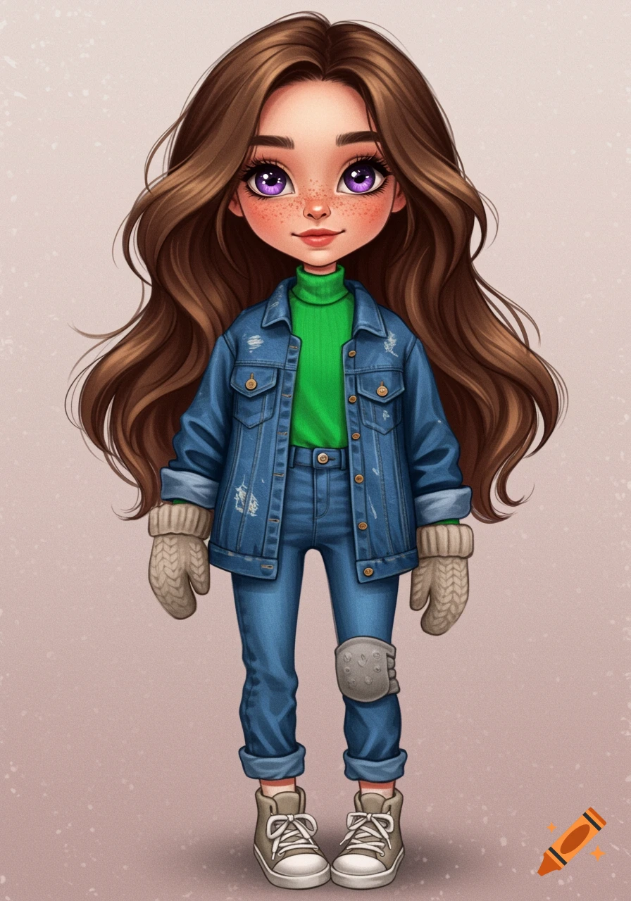 Stylized illustration of a girl with long brown hair, purple eyes, and freckles, wearing a green turtleneck, blue denim jacket and jeans, grey mittens, and sneakers.