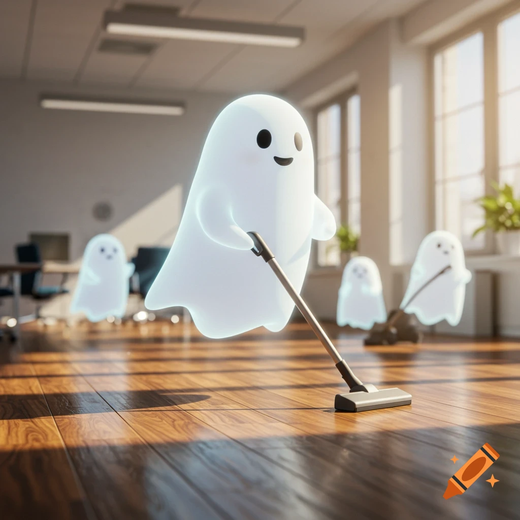 Cute ghosts vacuuming in an office.