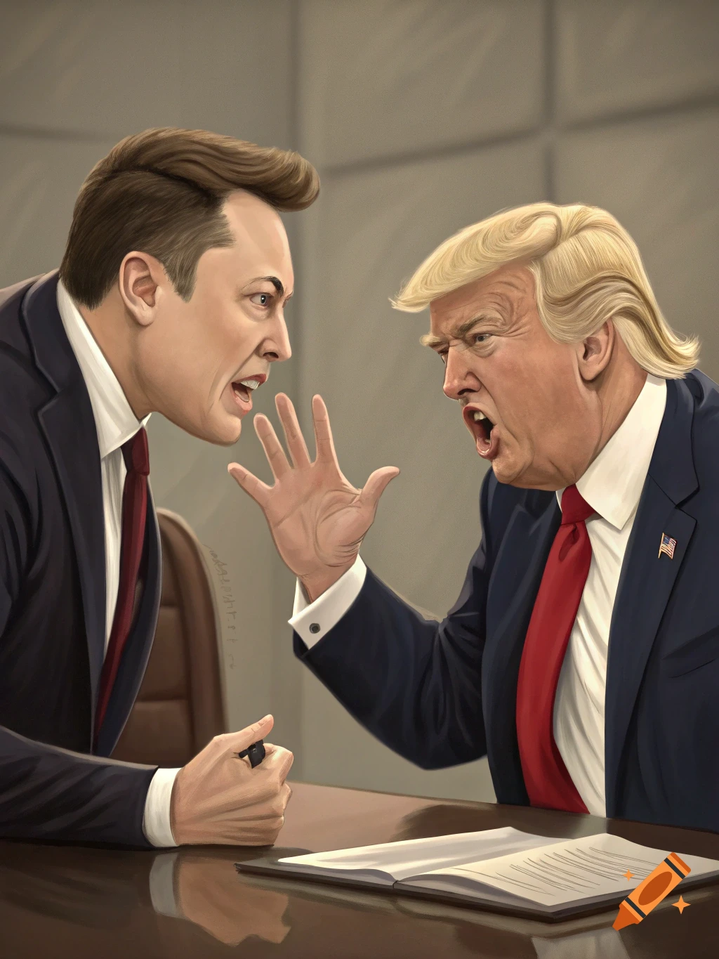 Caricature illustration of Donald Trump and Elon Musk arguing across a desk.