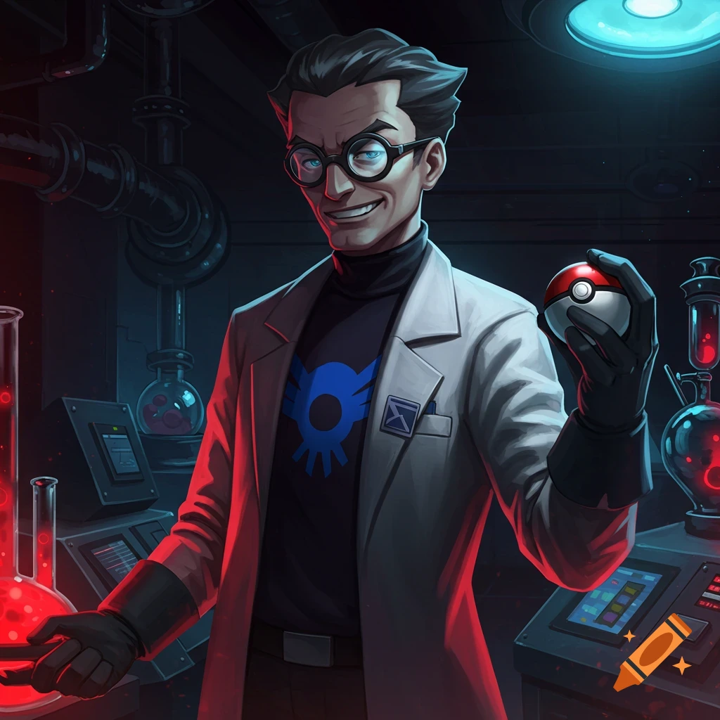 Cartoon illustration of a scientist in a lab coat and goggles holding a Pokeball, smiling. Lab equipment surrounds him.