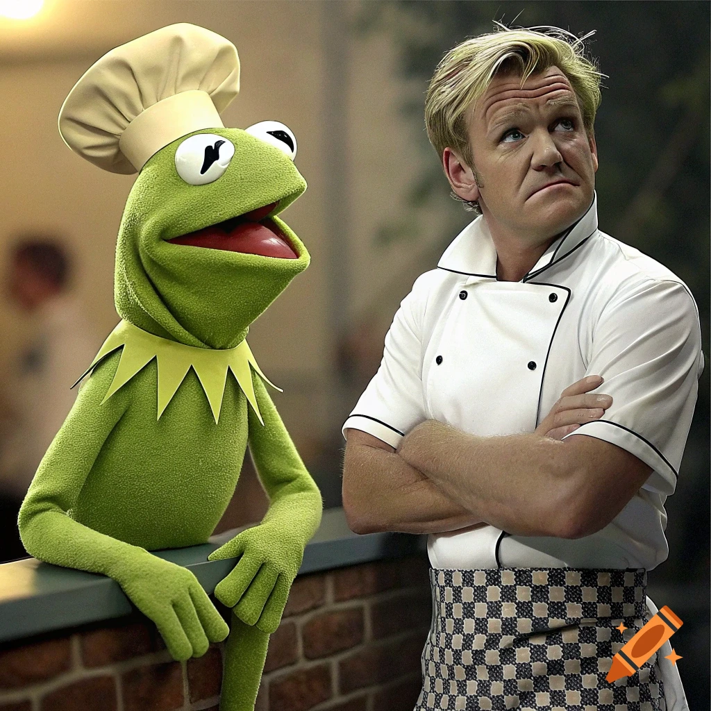 Kermit the Frog in a chef hat next to Gordon Ramsay in a chef coat.