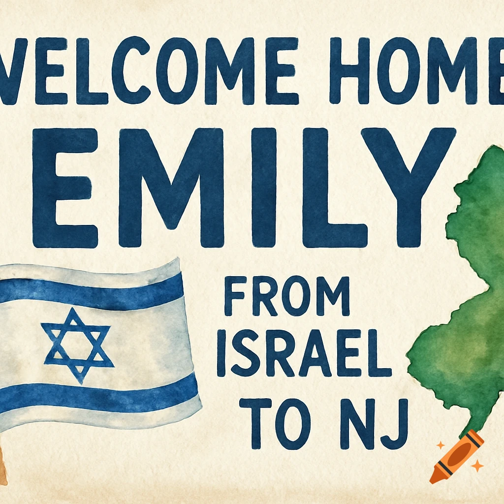 Watercolor welcome sign with text "Welcome Home Emily from Israel to NJ", an Israeli flag, and a map of New Jersey.
