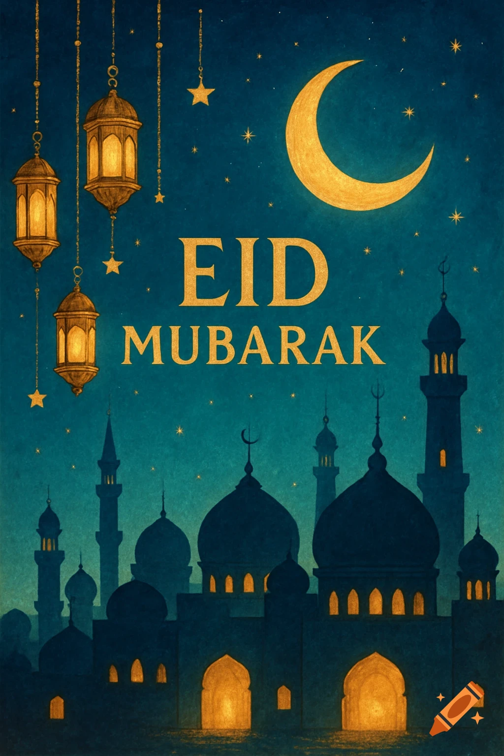 Illustration for Eid with text "EID MUBARAK", golden moon and stars, lanterns, and mosque silhouettes.