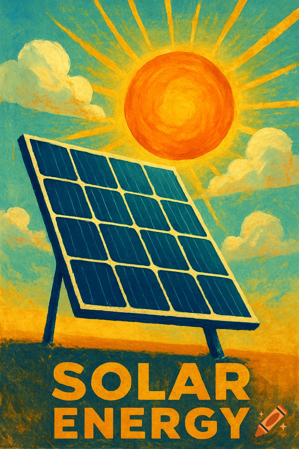 Painterly illustration of a solar panel and sun with the text 'SOLAR ENERGY'.