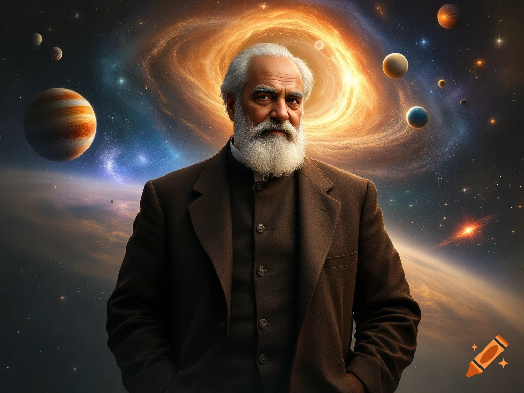 Man with white beard and suit standing in space with planets and galaxy