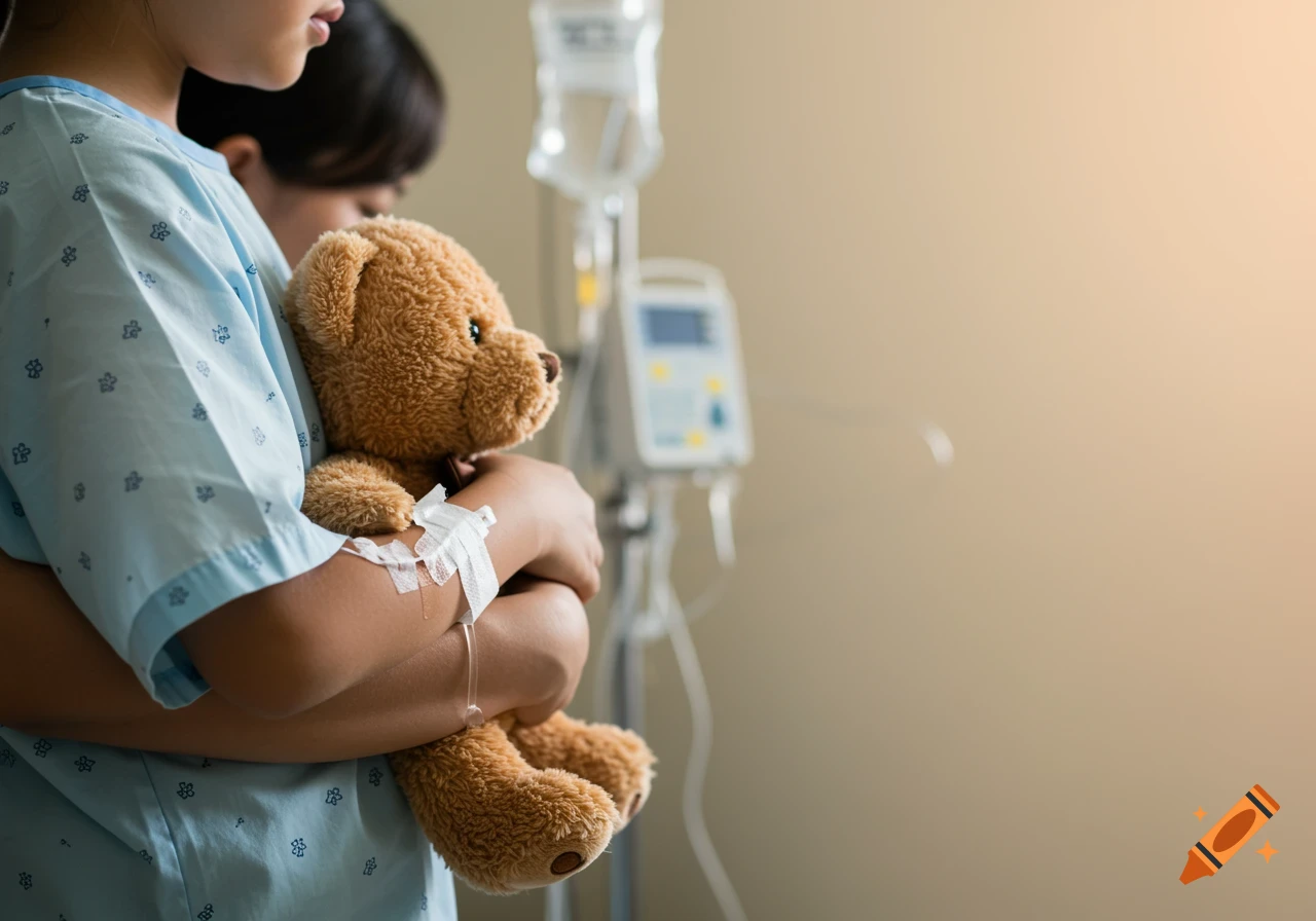 Child in hospital gown holding a teddy bear with an IV.