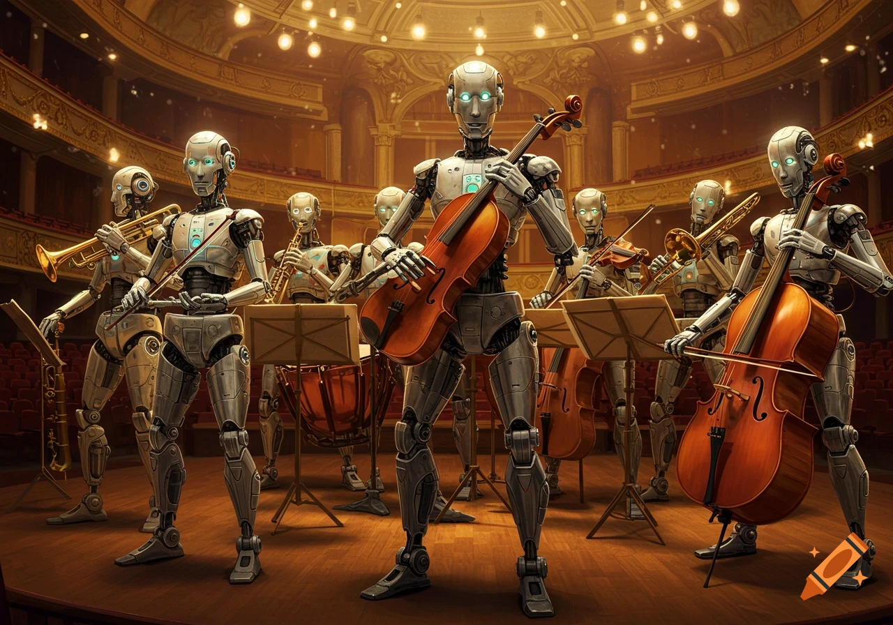 Robots play instruments in an orchestra on a stage.
