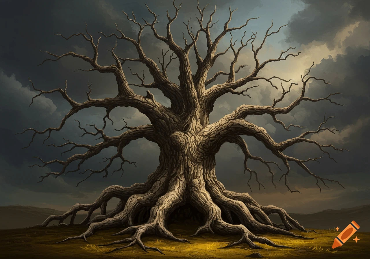 Dramatic digital painting of a large, old, leafless tree with extensive roots and branches under a stormy sky.