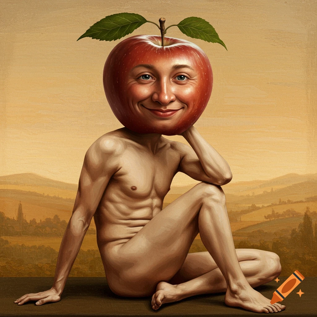 Surreal painting of a naked human figure with an apple head sitting in a landscape.