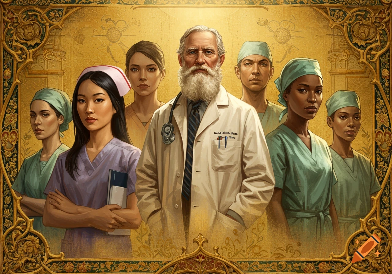 Group portrait of diverse healthcare professionals in uniforms with a central older male doctor, against a gold background with an ornate frame.