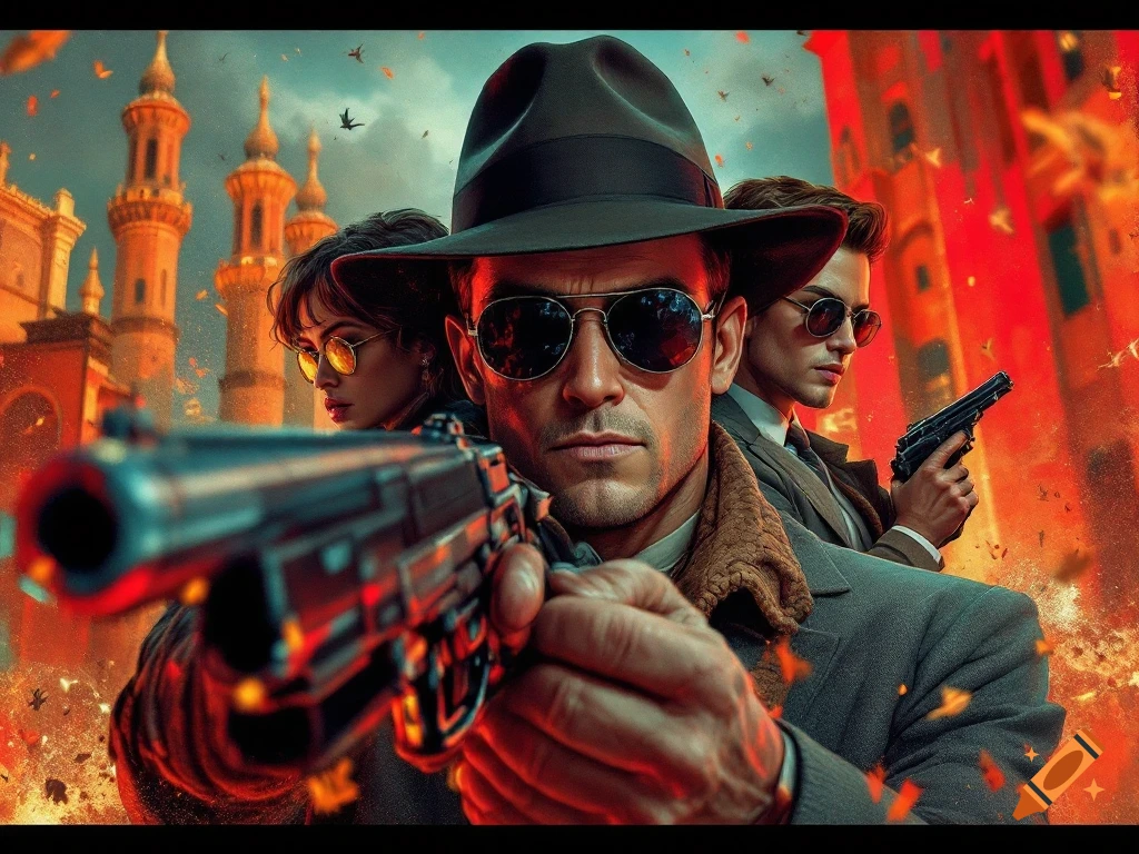 Three agents with guns in an action movie scene with explosions and dramatic lighting.
