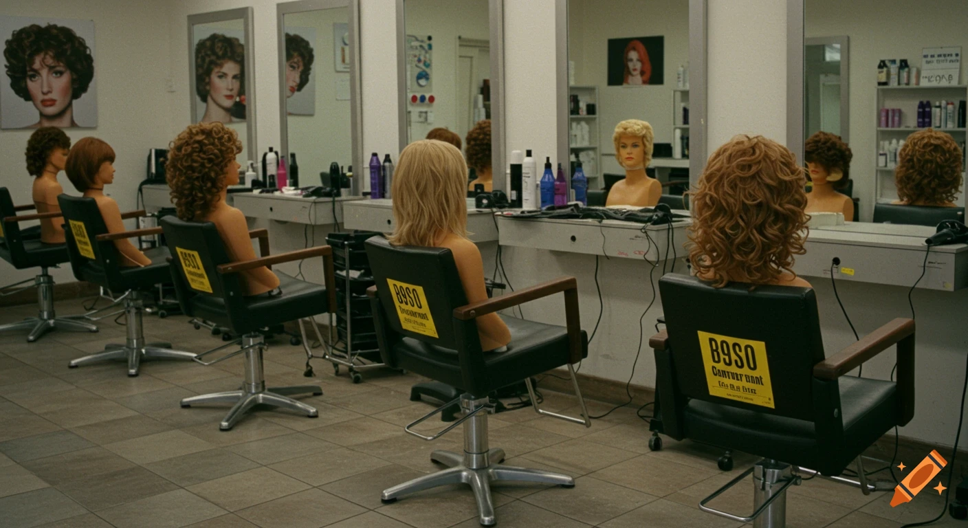 Interior view of a hair salon with chairs, mirrors, and mannequins wearing various wigs.