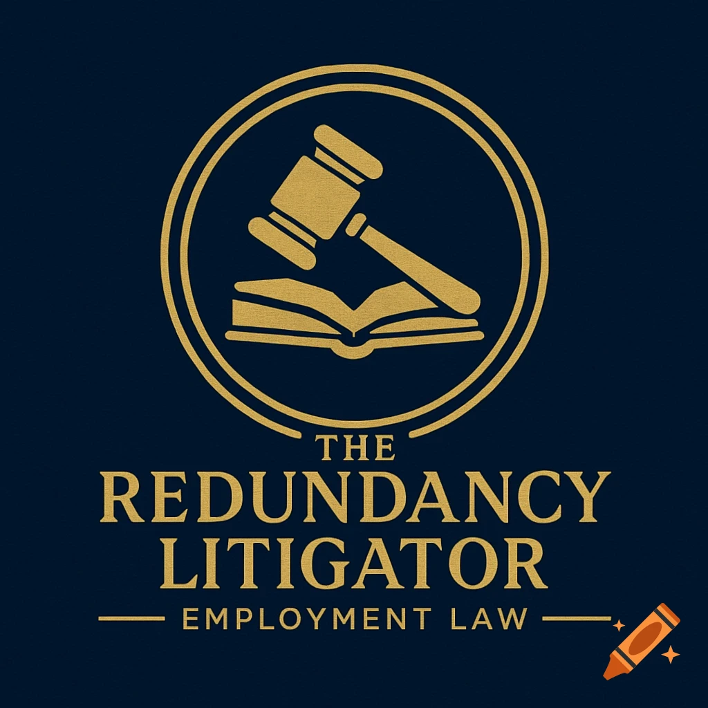 Employment law logo with gold gavel and book on dark blue background, text 'The Redundancy Litigator'.
