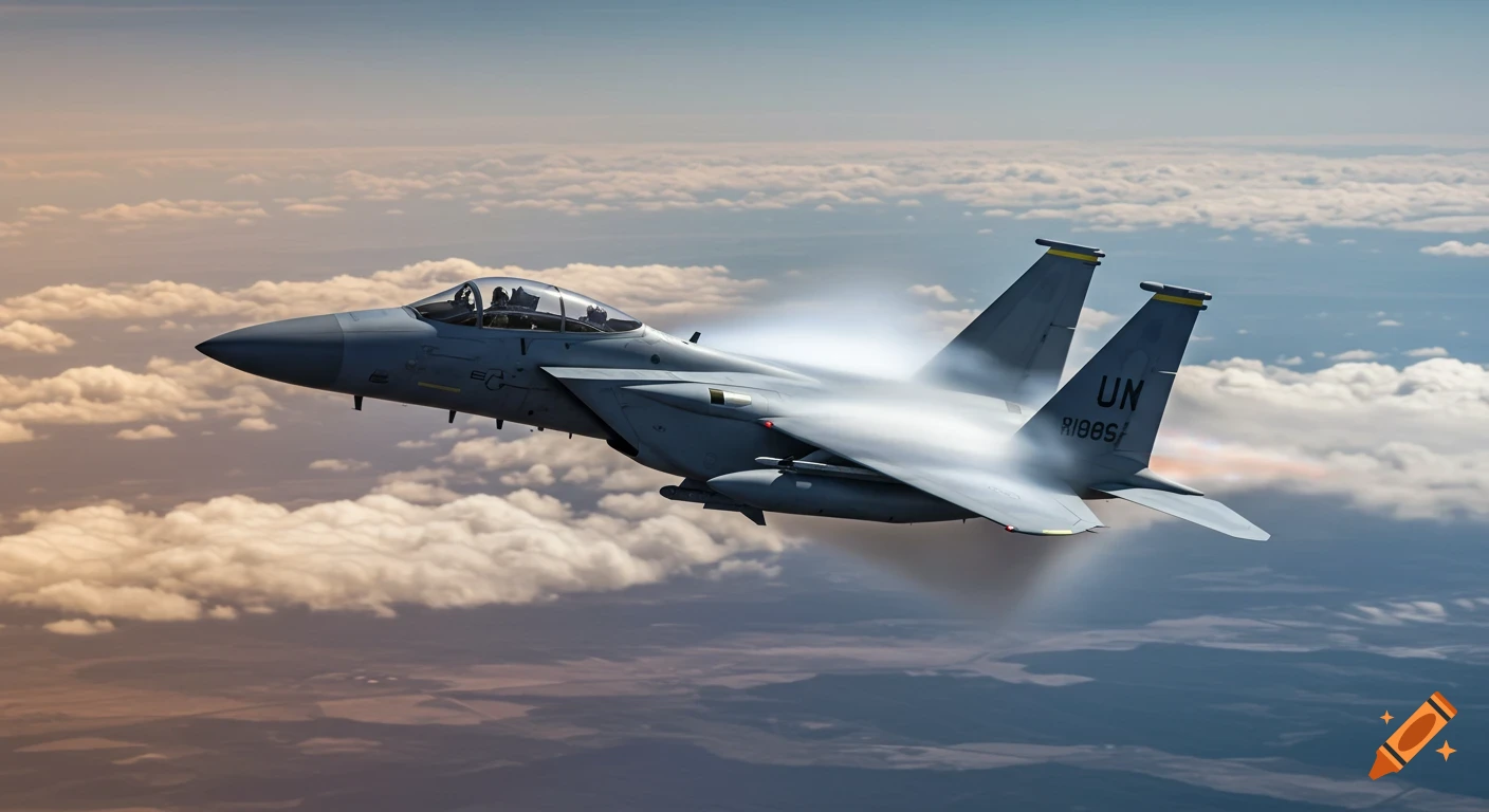A gray F-15 fighter jet flies through clouds, trailing vapor.
