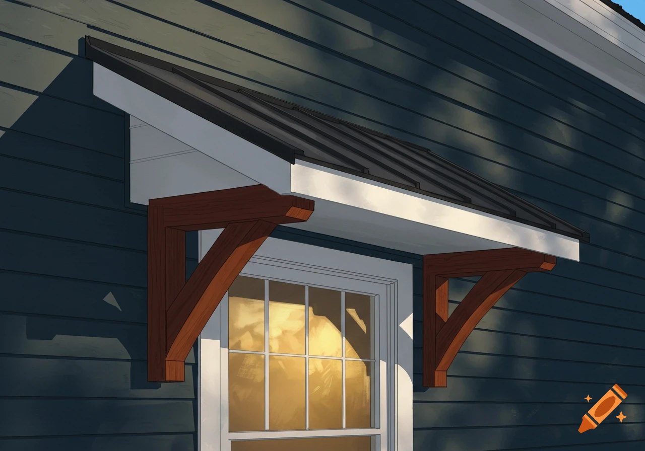 Close-up of a window awning with a black metal roof, white trim, and mahogany corbels on a dark blue house.