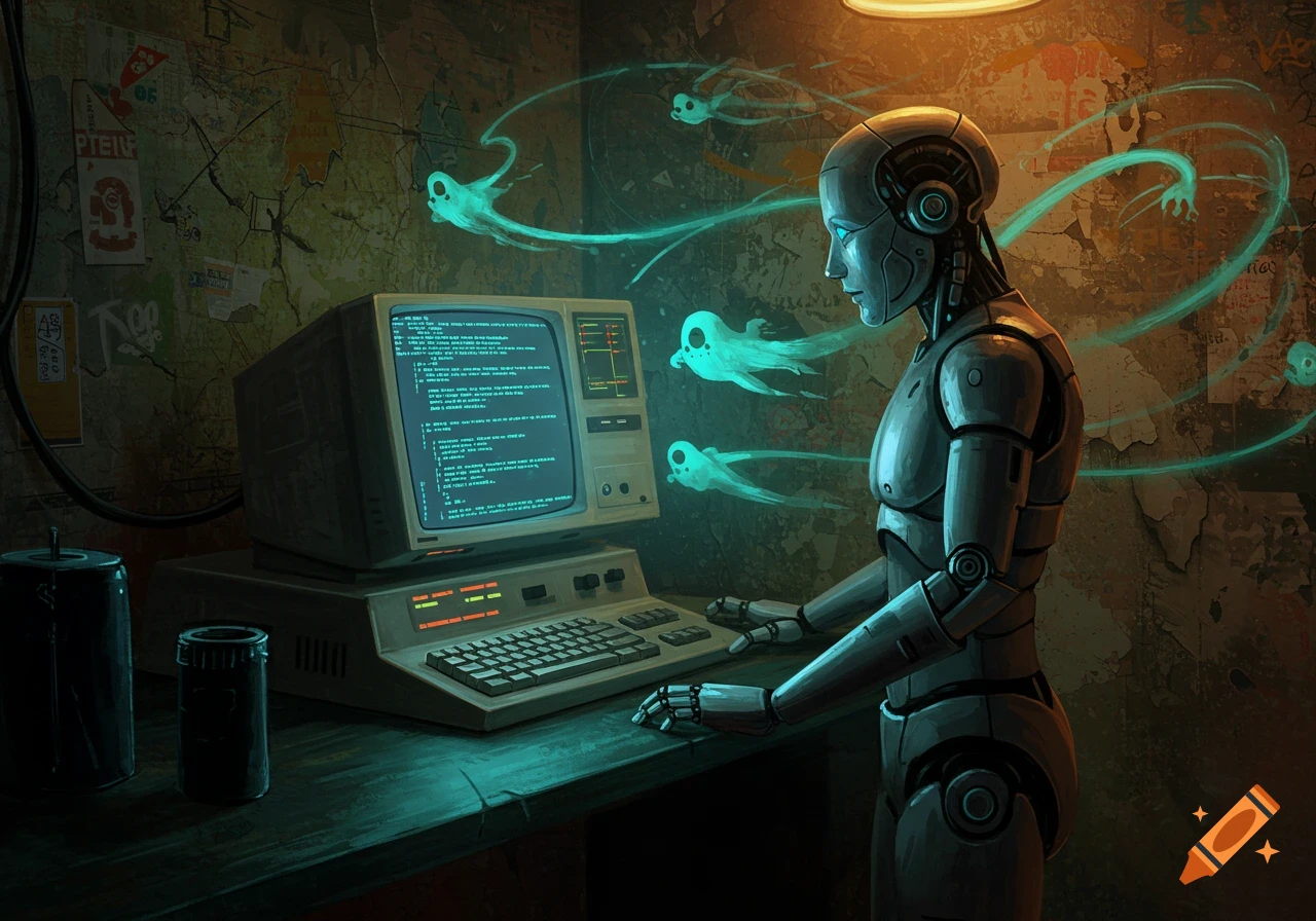 A robot sits at an old computer in a grunge room with posters and digital ghosts floating around it. Cyberpunk style.