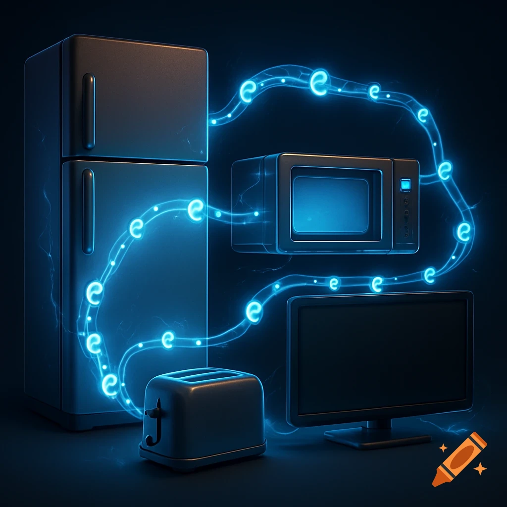 Household appliances (refrigerator, microwave, toaster, TV) connected by glowing blue lines representing electricity with 'e' electrons flowing.