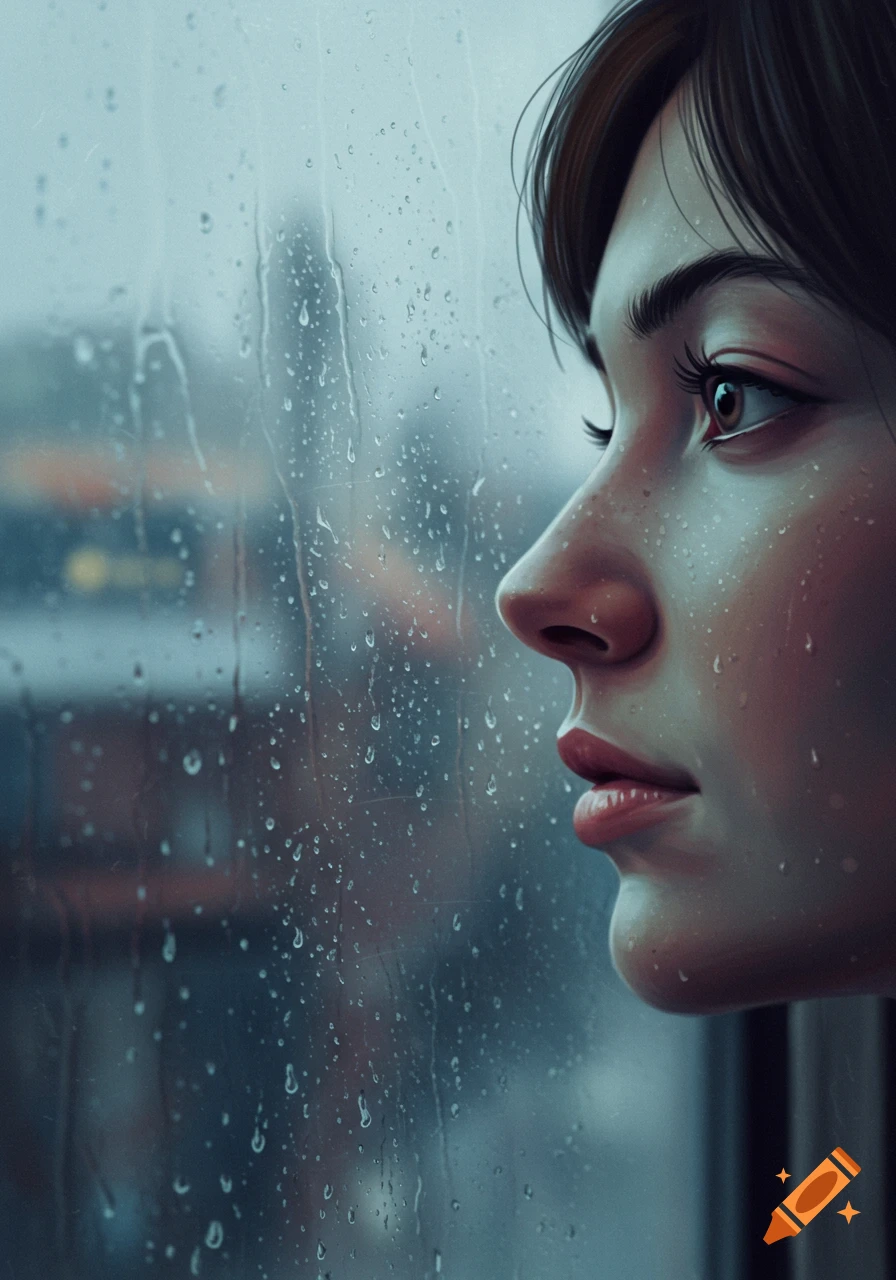 Close-up digital painting of a woman looking out a rainy window