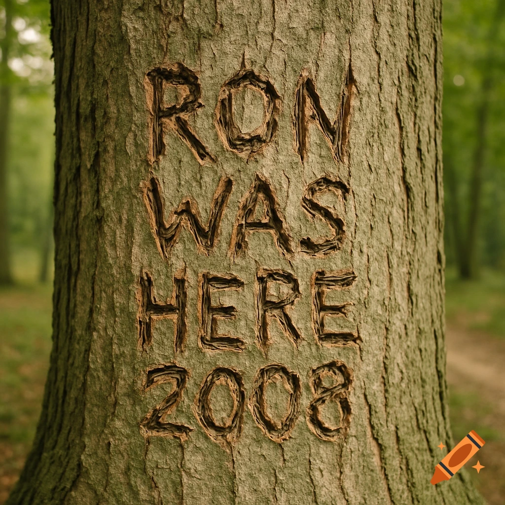 Text carved into a tree trunk in a forest reads 'Ron was Here 2008'.