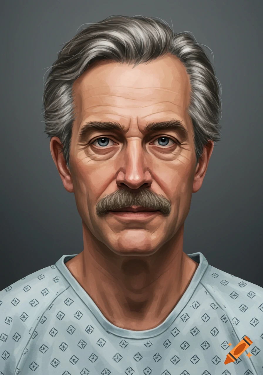 A digital illustration portrait of an older man with a mustache wearing a hospital gown.