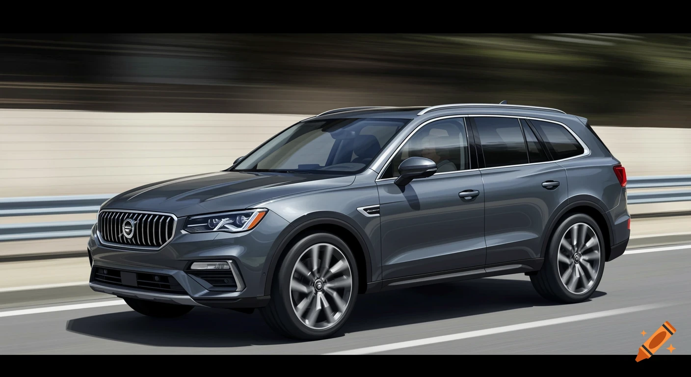 A dark gray modern SUV drives on a highway