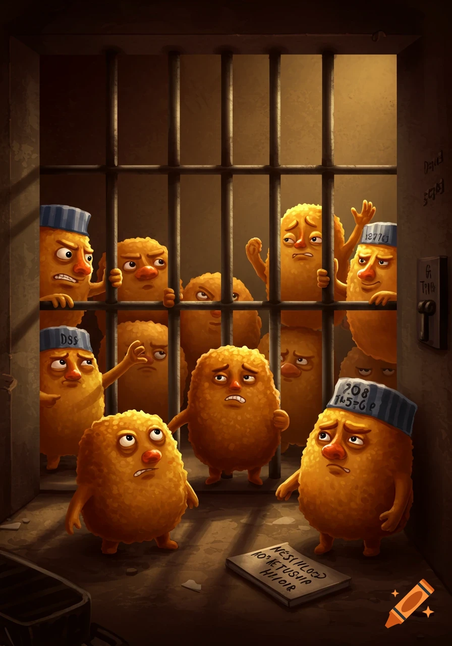 Anthropomorphic tater tots with sad and angry expressions are crowded in a prison cell behind bars.