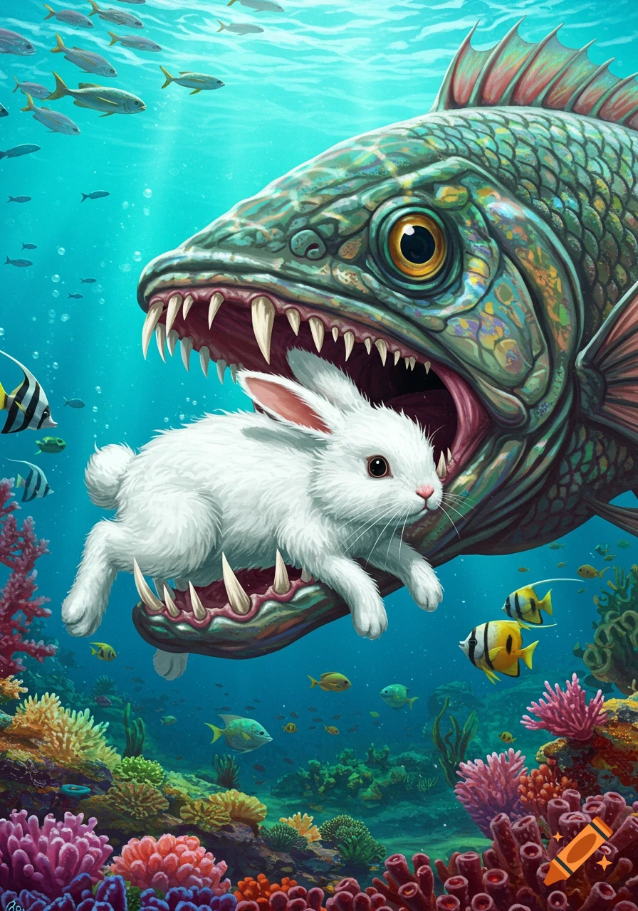 An illustration of a large fish with sharp teeth eating a white rabbit underwater, surrounded by coral reefs and small fish.