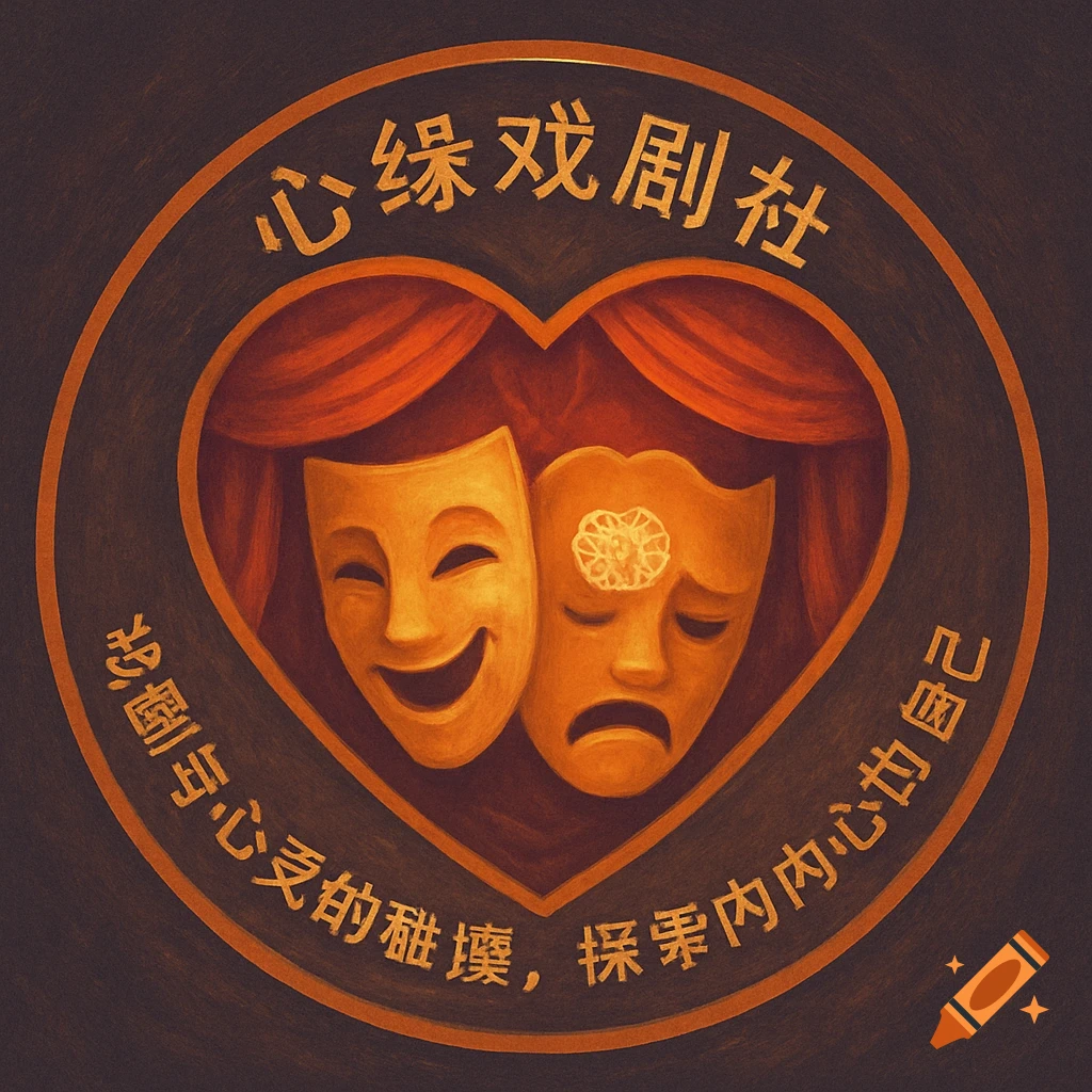 Logo badge with smiling and sad theatre masks inside a heart with curtains.