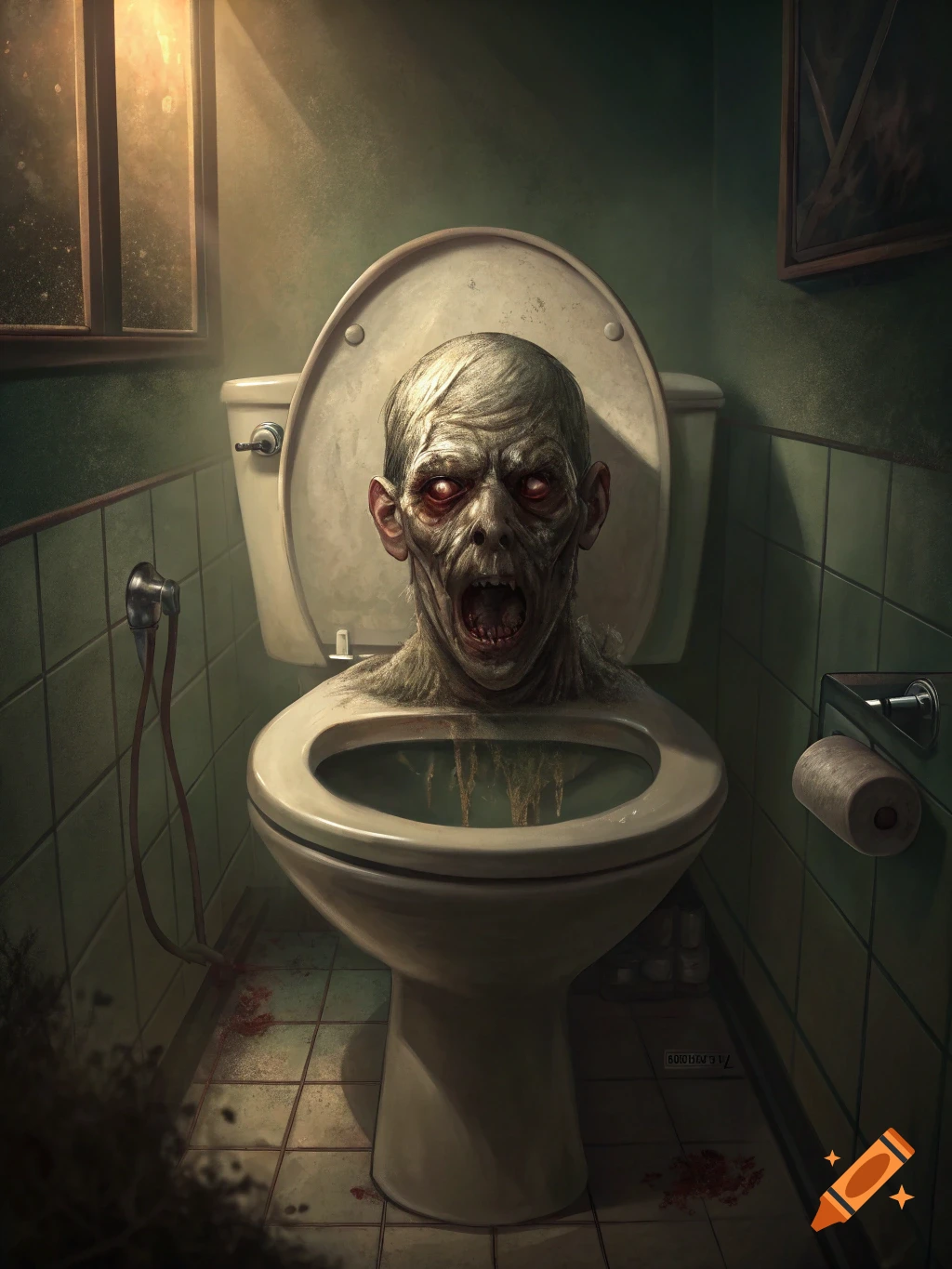 A grotesque zombie head emerges from a toilet in a bathroom setting.