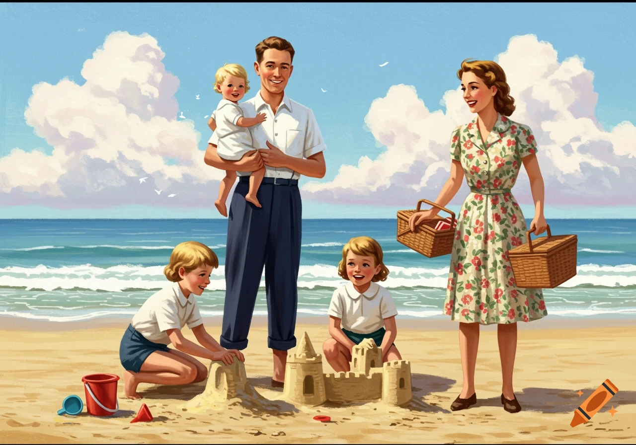 Vintage illustration of a family with a baby and two children building sandcastles on a beach.
