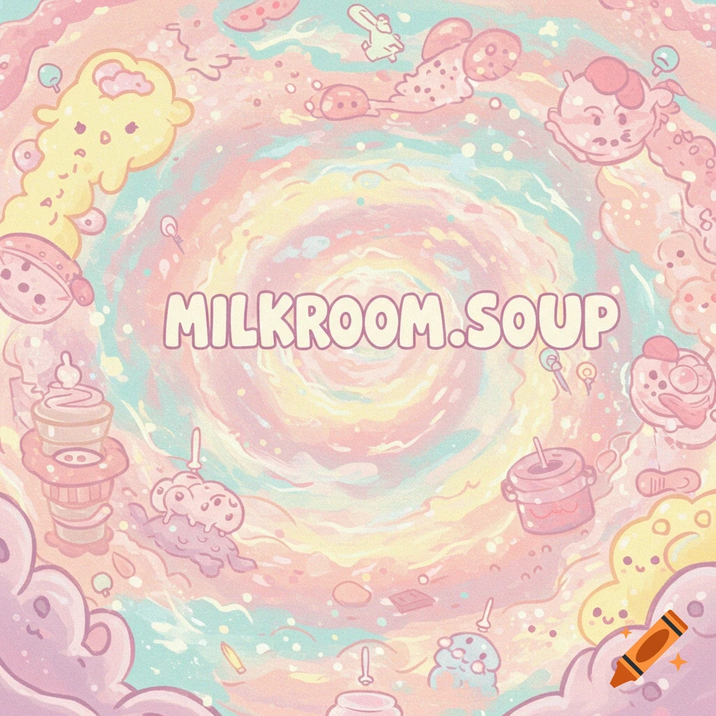 Pastel cartoon illustration of whimsical characters and objects swirling around a vortex with the text "MILKROOM.SOUP".