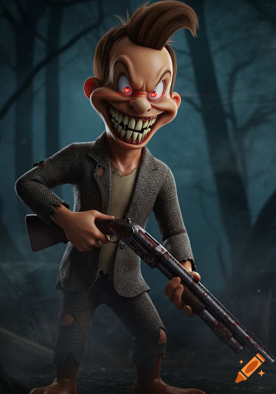 Creepy cartoon boy with sharp teeth and glowing red eyes holds a shotgun in a dark forest.