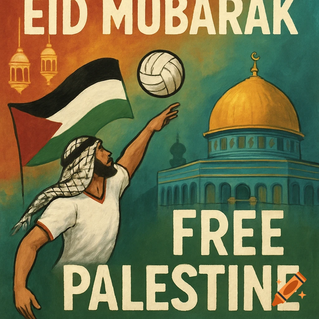 A man plays volleyball next to a Palestinian flag and mosque, with text "Eid Mubarak Free Palestine". Illustrated style.